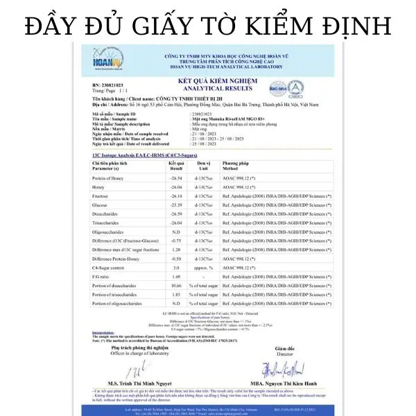 Giấy tờ kiểm định chất lượng của các lô mật ong Manuka River FAM do 2H Food phân phối