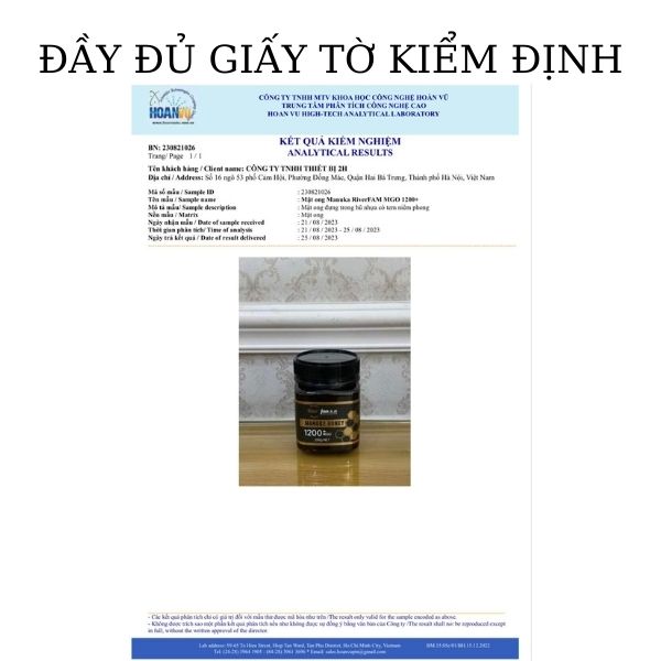 Giấy tờ kiểm định chất lượng của các lô mật ong Manuka River FAM do 2H Food phân phối